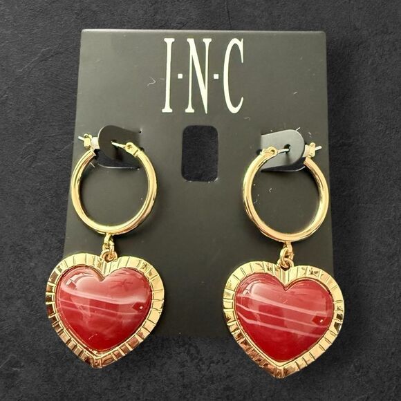 INC International Concepts Gold-Tone Red Heart Hoop Earrings - Picture 1 of 2
